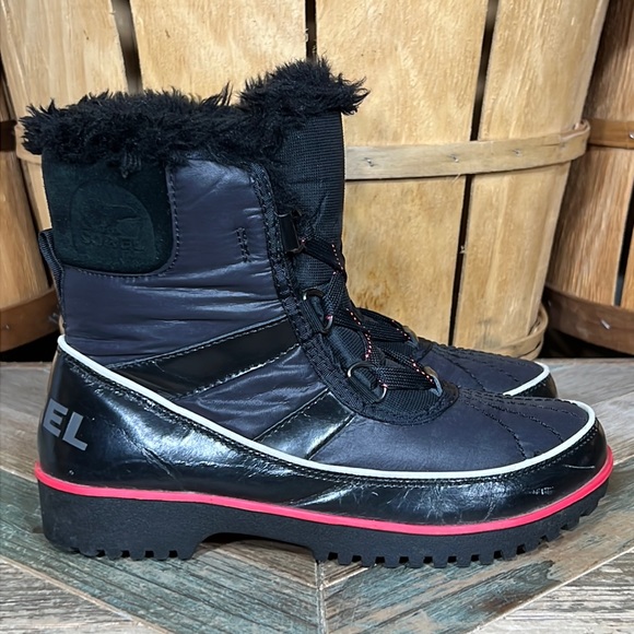 ♥️ Sorel ♥️ Tivoli II Black Red Faux Fur Waterproof Insulated Winter Snow Boots - Picture 1 of 11